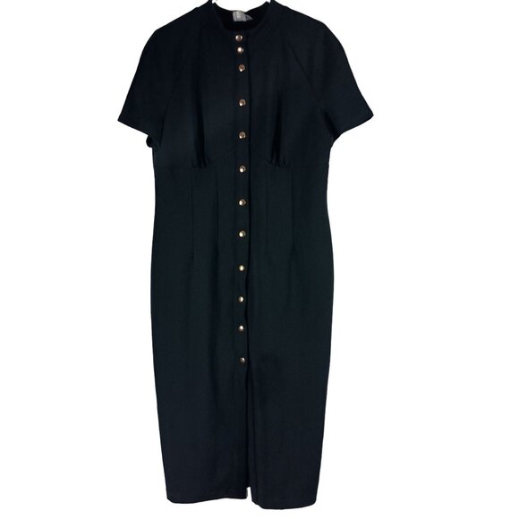 ASOS Sheath Dress Womens 14 Black Midi Button Front Career Minimalist Evening - Picture 1 of 11